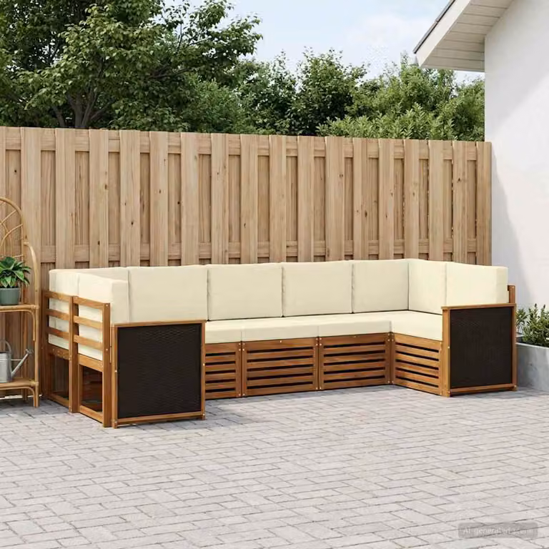 Set di divani da esterno vidaXL a forma di L in legno di acacia con cuscini, Naturale e Crema