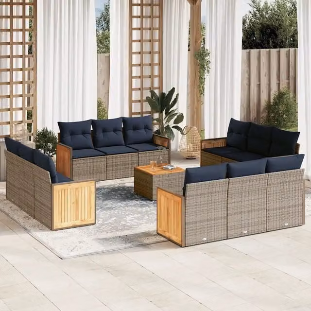 Set di divani da giardino vidaXL composto da 13 pezzi con cuscini grigi e blu in polyrattan e legno di acacia oliato