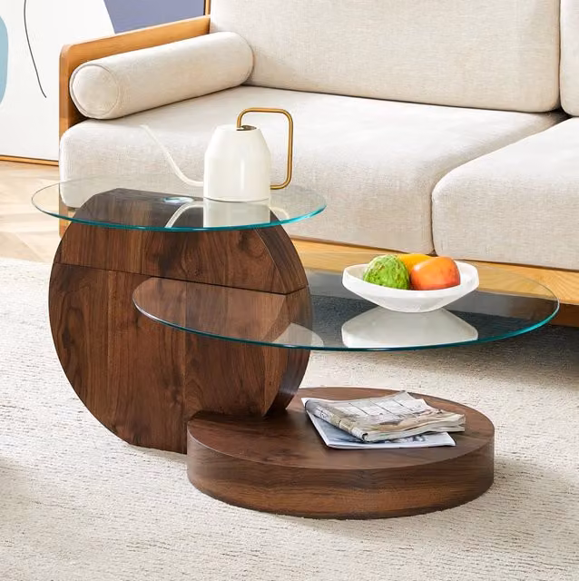 Tavolino da salotto ULEVR a pi¨´ livelli, piani in vetro ?50/70 cm, struttura MDF effetto noce