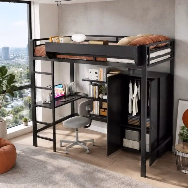 Letto a soppalco MIVRAY nero con scrivania, armadio e scala a 5 gradini in metallo e MDF, L/P/H: 205 x 90 x 180 cm
