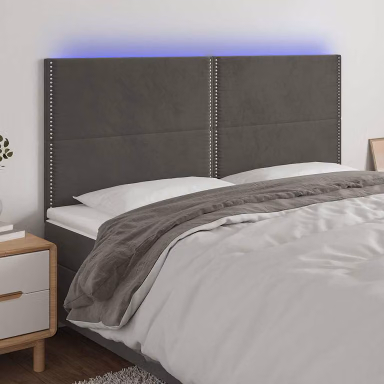 Testiera per letto con illuminazione LED e porta di ricarica USB vidaXL in velluto grigio, L: 180 cm, P: 5 cm, H: 118/128 cm