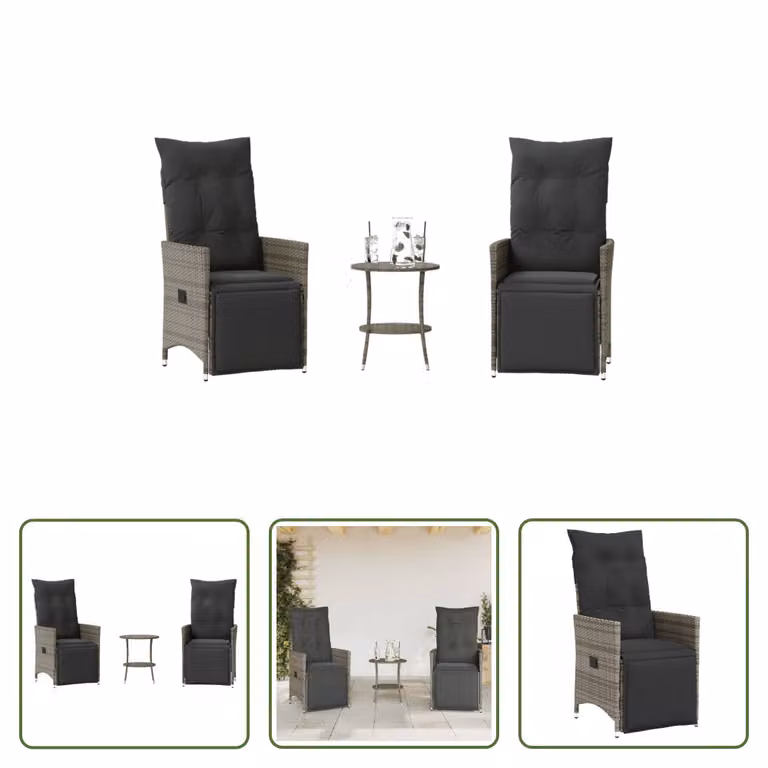 The Living Store Set bistrot 3 pezzi con cuscini in poly rattan grigio