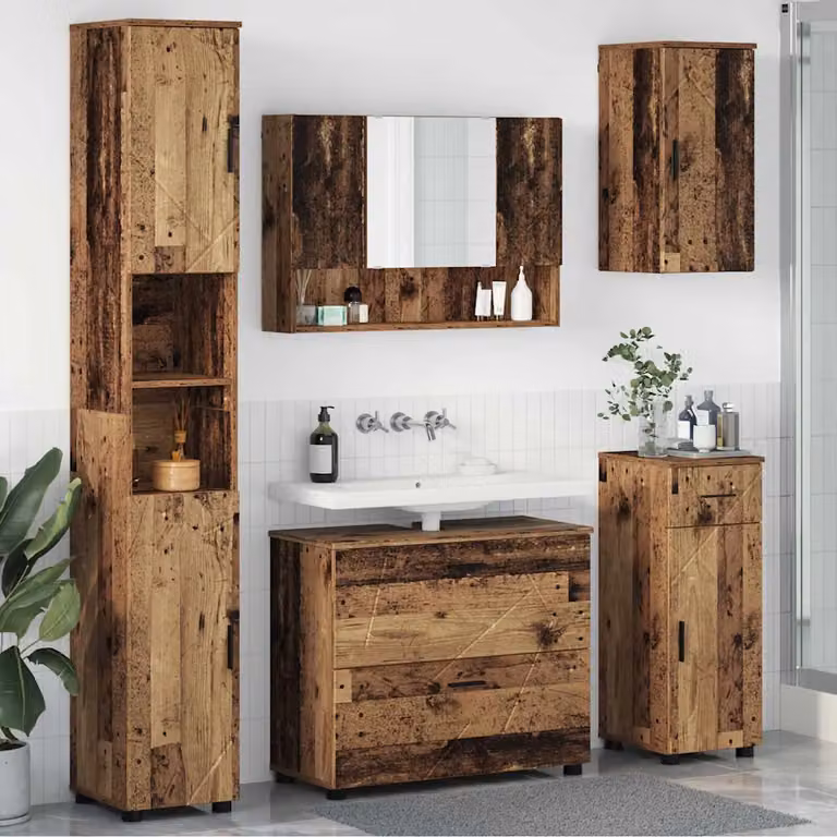 Set di mobili per il bagno moderno vidaXL in legno e metallo, 5 pezzi, marrone e nero, L/P/H: 35 x 30 x 192 cm