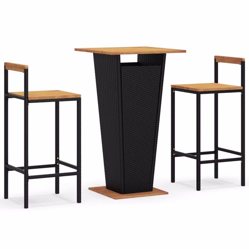 Set Bar Giardino 3 pz Nero Polyrattan e Legno Massello Acacia