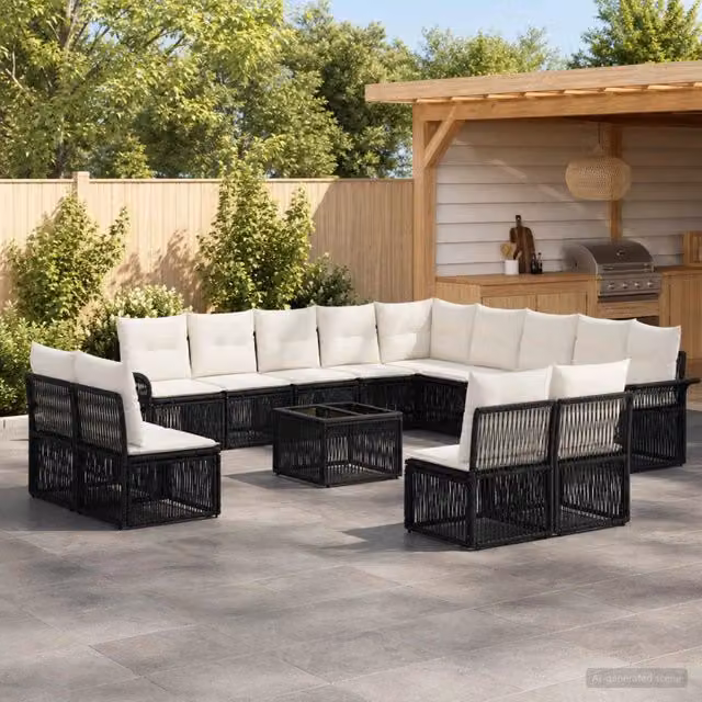 Set Divano da Giardino vidaXL a Forma a U in Polyrattan Nero con Cuscini e Tavolino da Esterno – 1
