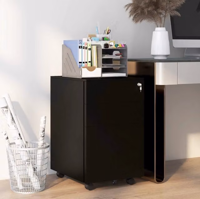 Armadio archivio mobile con 3 cassetti, chiudibile, strutture in acciaio, 37x43,5x60 cm, colore nero, con ruote e freni