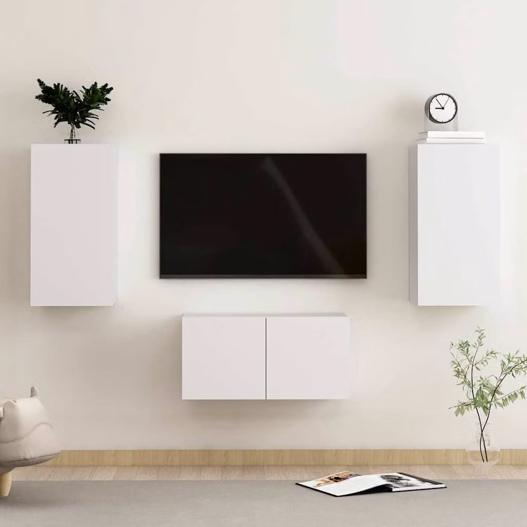 Set di mobili porta TV moderno vidaXL in 3 pezzi bianco in legno e MDF per soggiorno, montaggio a parete, L: 60 cm, P: 30 cm, H: 30 cm