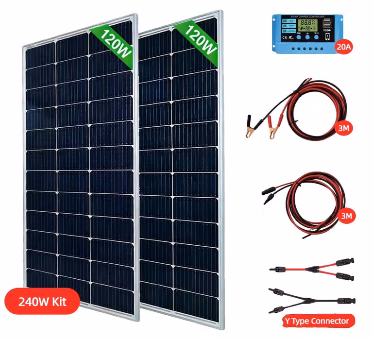 Kit di pannelli solari, composto da 2 pannelli ad alta efficienza, design resistente e duraturo, kit solare da 240W