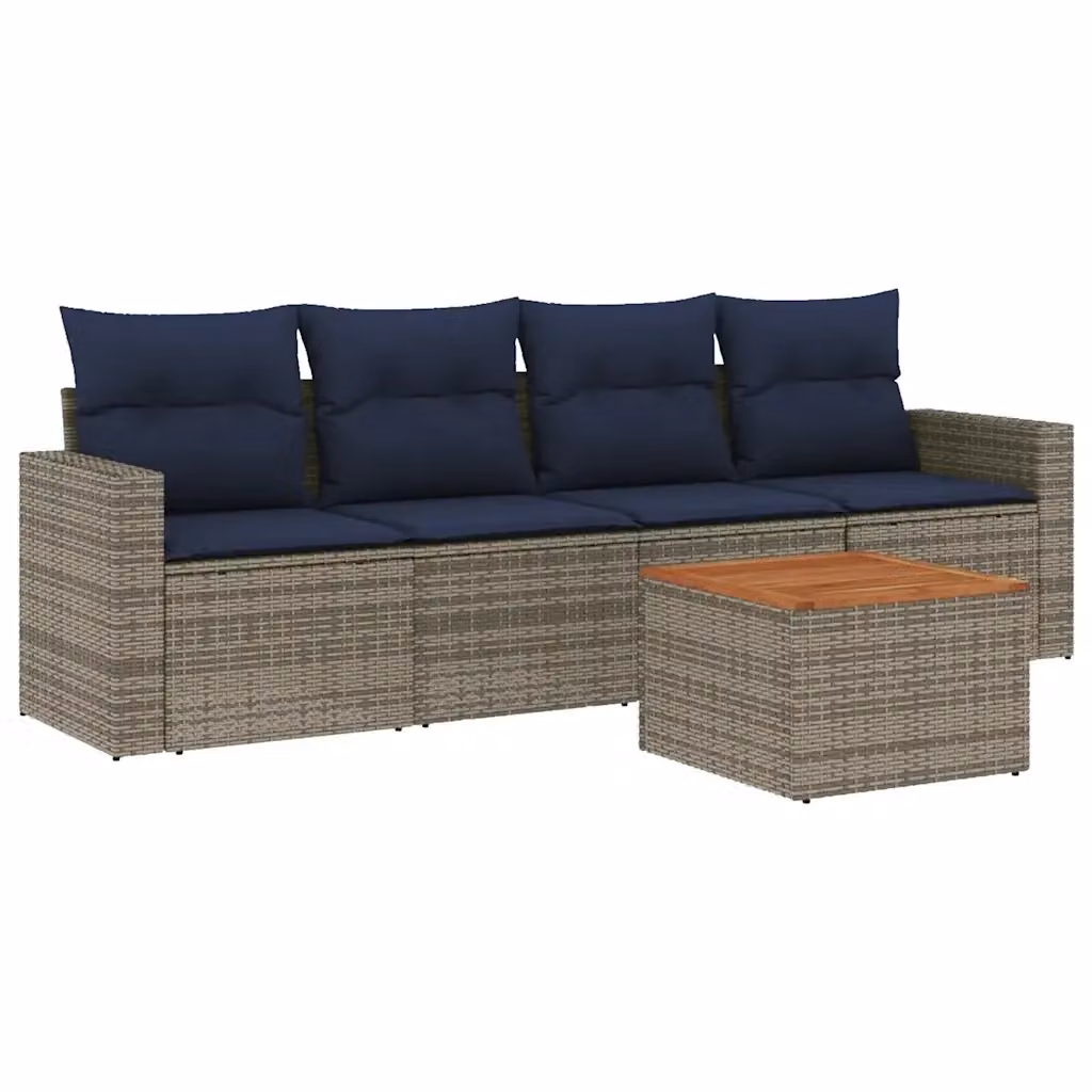 Set di divani da giardino vidaXL in polyrattan da 5 pezzi con cuscini grigi e blu per esterno – 2