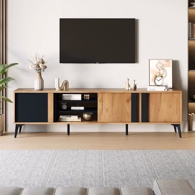 Mobile TV rustico WISHDOR in legno e metallo, colore nero e marrone, L: 180 cm, P: 40 cm, H: 50 cm
