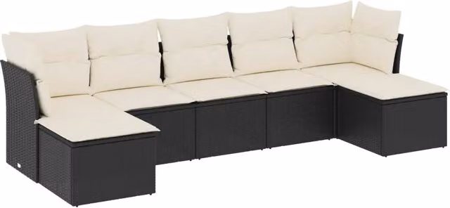 Set Salotto da Giardino a L con 7 Pezzi in Polyrattan Nero e Cuscini Bianchi – 1
