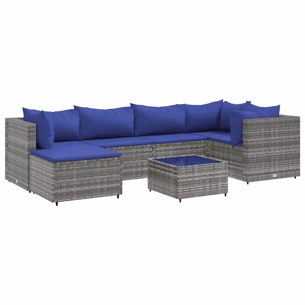 vidaXL Set Divani da Giardino 7 pz a Forma a L con Cuscini e Tavolino in Polyrattan Grigio e Blu – 2