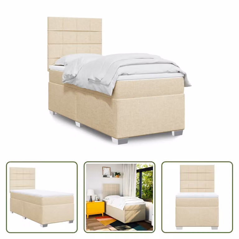 The Living Store Letto a molle con materasso crema 100x200 cm in tessuto