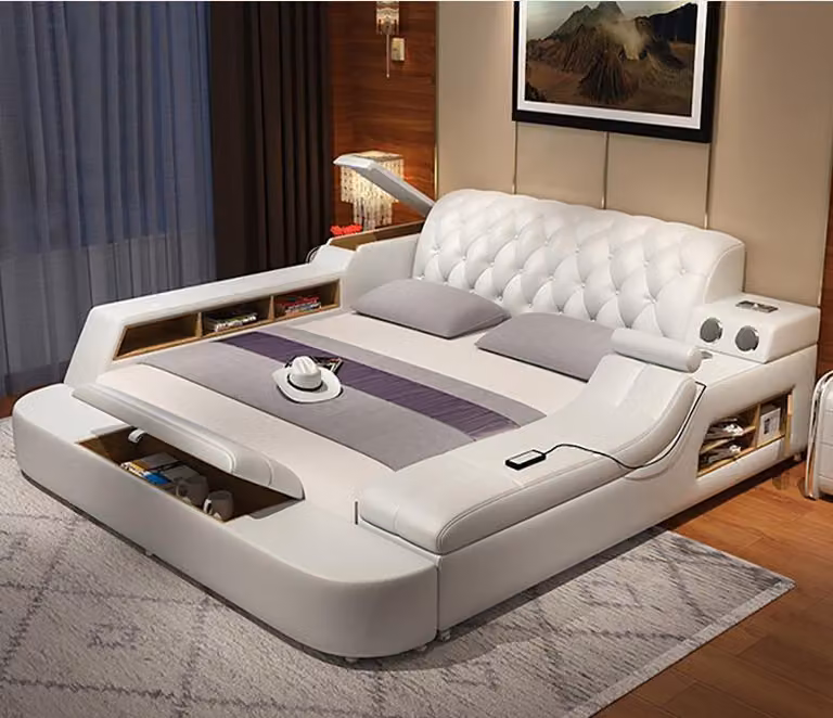 Design Multifunktion Bett XXL Big Betten Leder Hotel Polster 150x200cm Regal USB