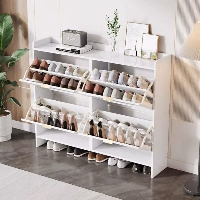 Scarpiera Minimal con Ante a Ribalta e Ripiani Interni Bianco Opaco L 110 cm x H 90 cm x P 24 cm