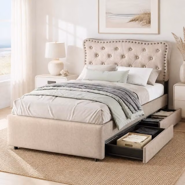 Letto Mivray imbottito con cassetti e testiera regolabile in lino e MDF, colore beige, L/P/H: 90 x 200 x 111,5 cm