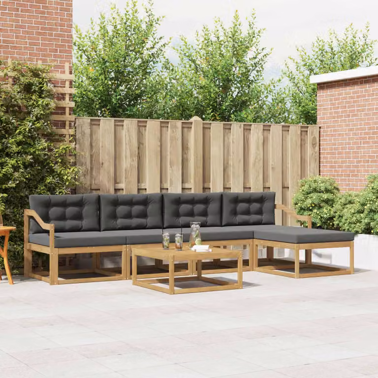 vidaXL Set di divani da esterno a L composto da 6 pezzi con tavolino e pouf, struttura in legno di acacia e tessuto in poliestere bianco e antracite