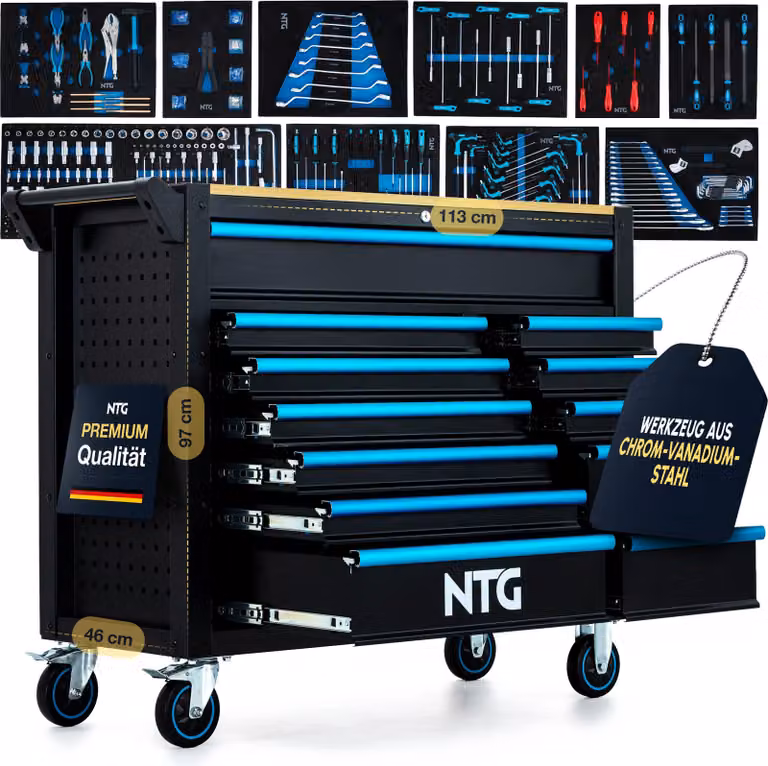Carrello portautensili XXL con 471 utensili, 12 cassetti con piano in legno
