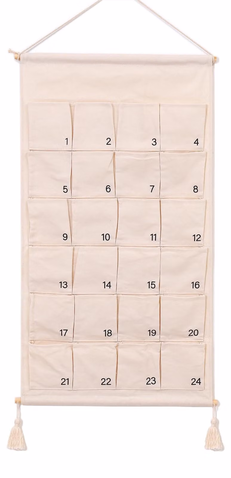 Calendario dell'Avvento in tessuto, con 24 tasche, da personalizzare, dimensioni 48x89 cm, colore bianco