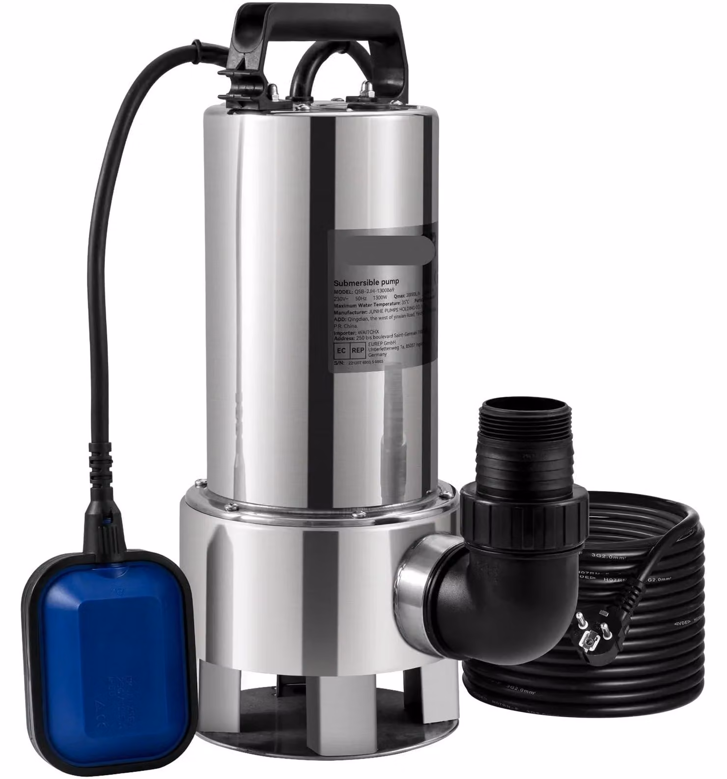 Pompa sommergibile - Pompa per acqua - Pompa - Pompa per acque sporche - 1300W - Acciaio inossidabile - 20000 litri/ora - con cavo da 10 metri