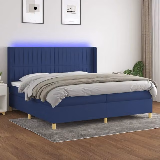 Letto Ibrido vidaXL con Materasso a Molle Insacchettate, Illuminazione LED Blu e Porte USB, Tessuto Bianco e Blu, L/P: 200 x 200 cm – 1
