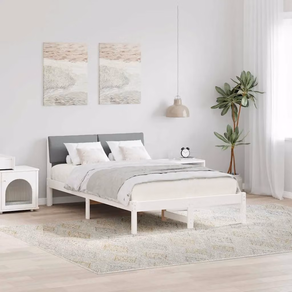 Struttura del letto moderna vidaXL in legno di pino e tessuto, bianco e grigio, L/P/H: 120 x 200 x 78,5 cm – 1