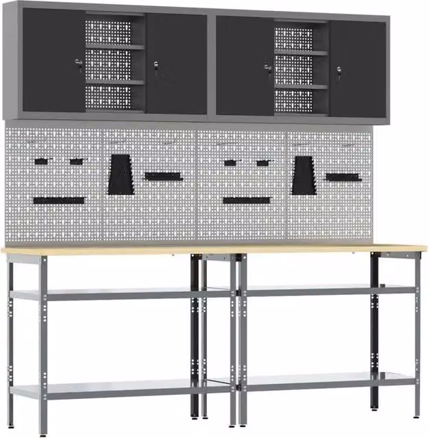 Set banco da lavoro vidaXL 8 pz in metallo con pannello forato e altezza regolabile, Nero e Grigio