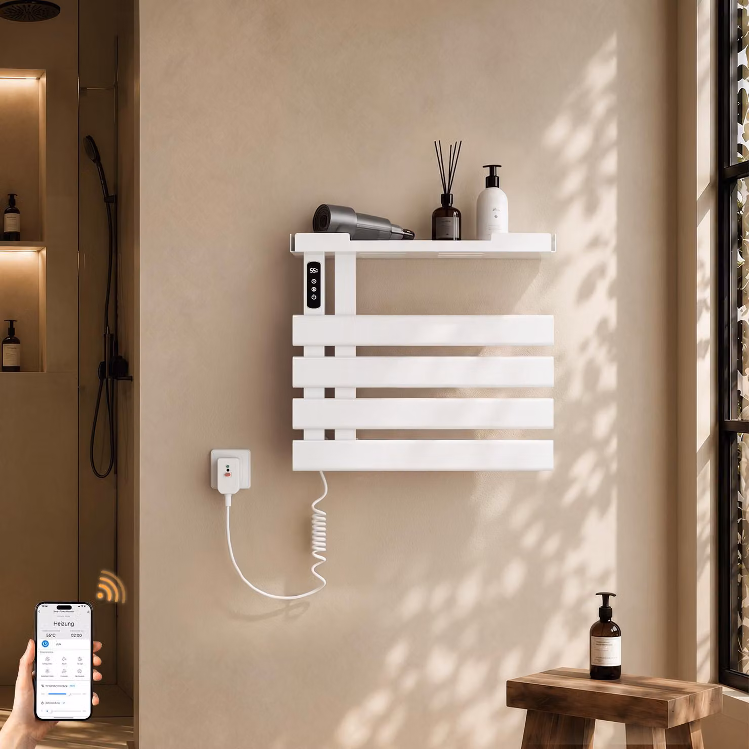 S'AFIELINA Scaldasalviette Elettrico con Ripiano 450×500 mm 148W Bianco,Termoarredo WiFi, Riscaldamento in Fibra di Carbonio, 6 Modalità