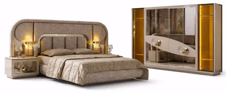 Set per camera da letto: letto con 2 comodini, armadio moderno – 4 pezzi