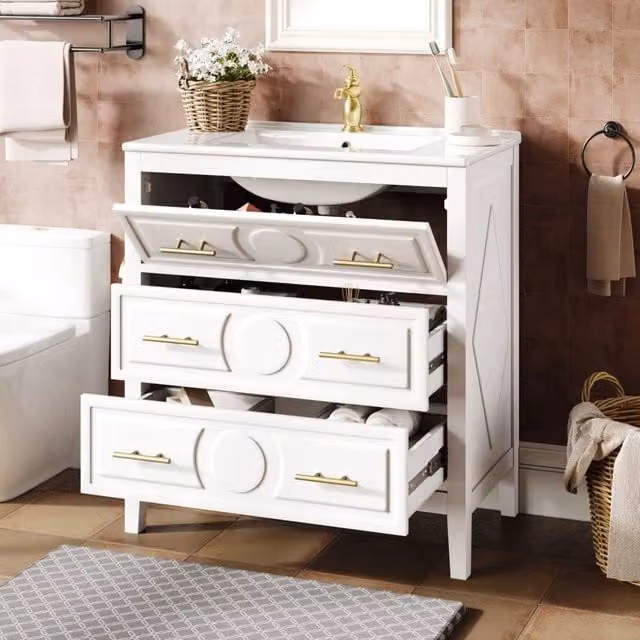 Mobile bagno WISHDOR bianco con design retrò, ante e cassetti con chiusura soft-close, L: 81,0 cm, P: 46,5 cm, H: 86,5 cm