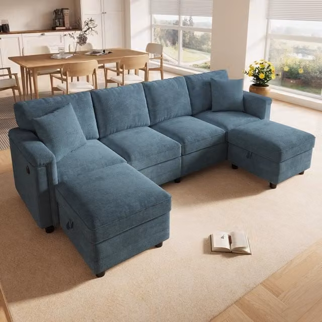 Divano modulare 261x134x82 cm con pouf contenitore e porte USB e Type C in ciniglia blu