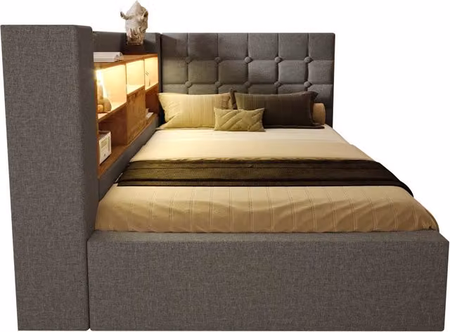 Letto singolo contenitore moderno con illuminazione LED, porta USB e testiera con mensola, rivestimento in lino grigio e finiture noce, L/P/H: 90 x 200 x 108 cm – 1