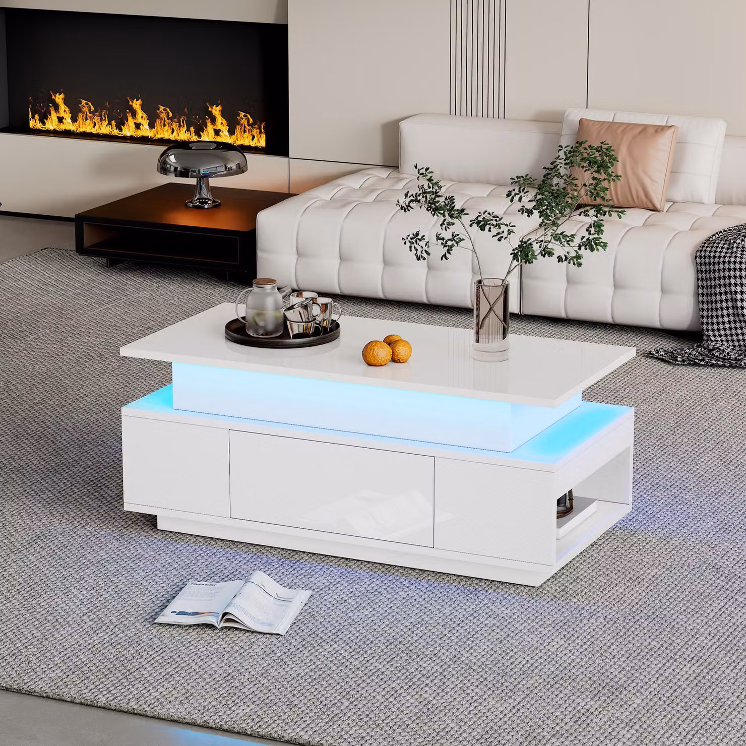 Tavolino da divano, dimensioni 96 x 45 x 40 cm, realizzato in pannello di particelle al 100%, colore bianco, con altezza regolabile, vano contenitore nascosto, 1 cassetto e illuminazione a LED