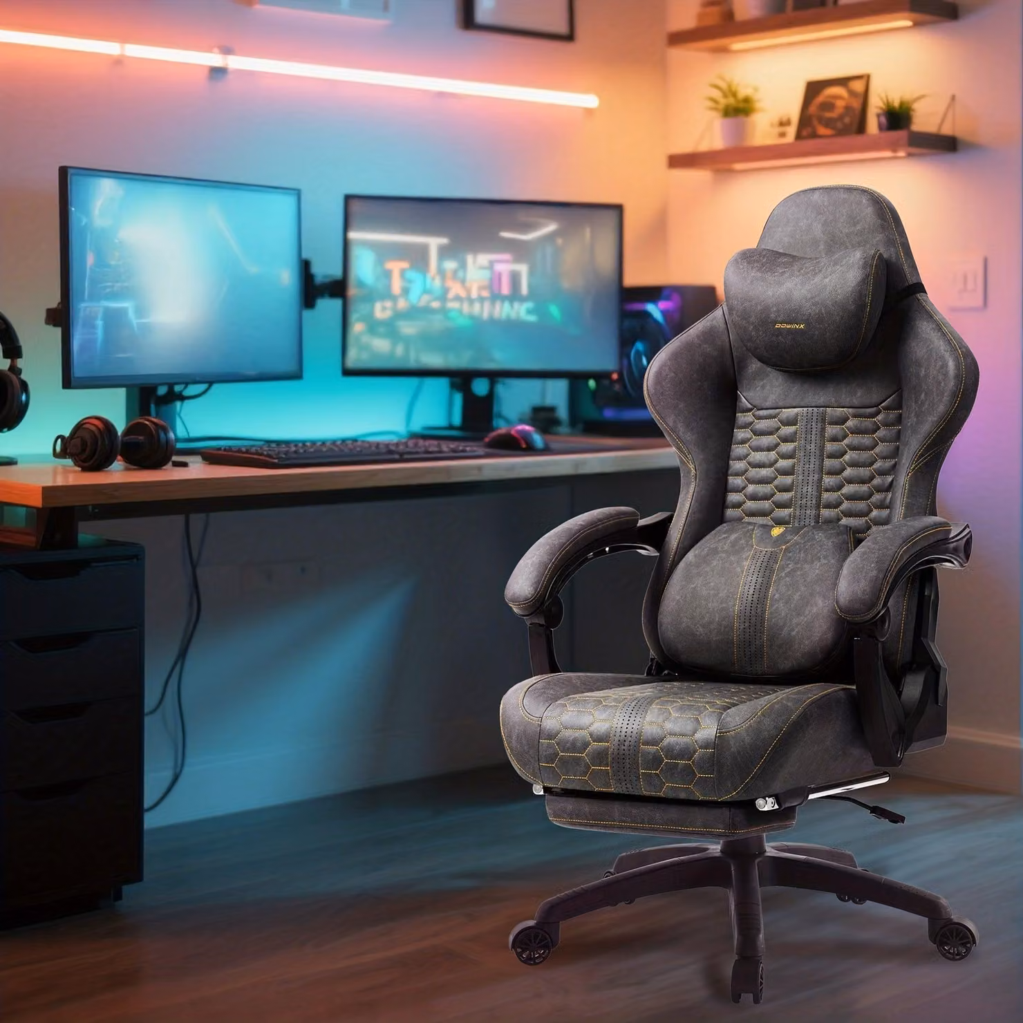 Sedia da ufficio – Sedia da gaming ergonomica, alta, con rivestimento in ecopelle traspirante, poggiapiedi e supporto lombare regolabili – Grigia