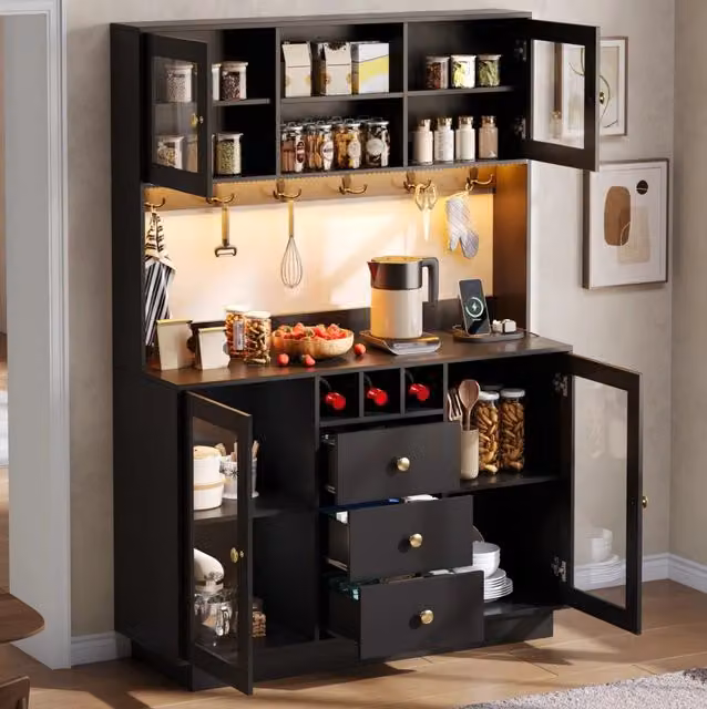 Mobile alto da cucina con 3 cassetti; LED RGB e prese USB; MDF nero; 120x40x170 cm