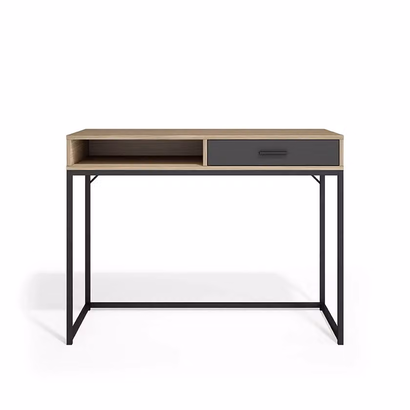 Scrivania Herdasa in metallo e MDF con cassetto, finitura noce chiaro e grafite, L: 105 cm, P: 79 cm, H: 48 cm – 2