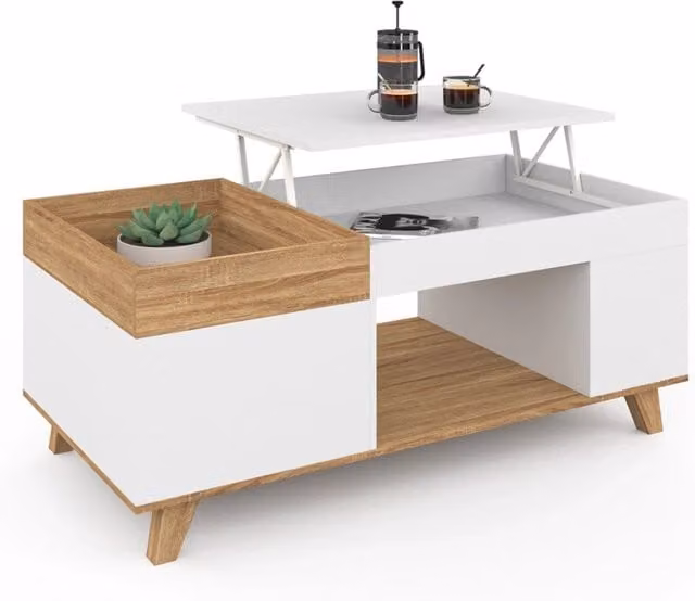 IDMarket Tavolino da caffè elevabile STELLA in legno e bianco con piano estraibile e finitura opaca