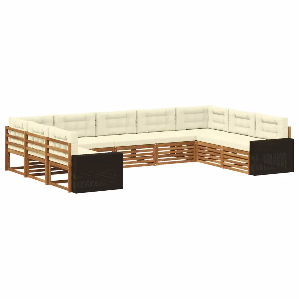 Set di divani da esterno a forma di U vidaXL in legno di acacia con cuscini beige e bianchi – 2