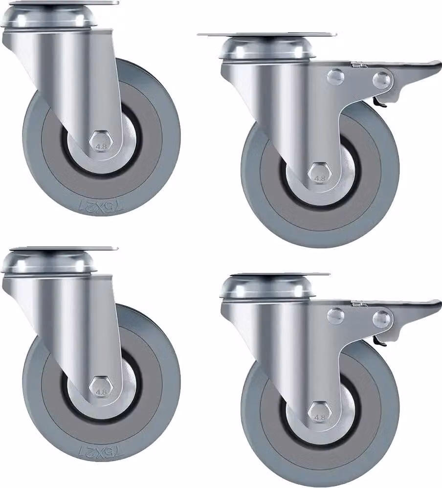Rotelle di trasporto, ruote in gomma, diametro 75 mm, portata 50 kg per rotella, altezza totale 100 mm, dimensioni piastra 65 x 65 mm