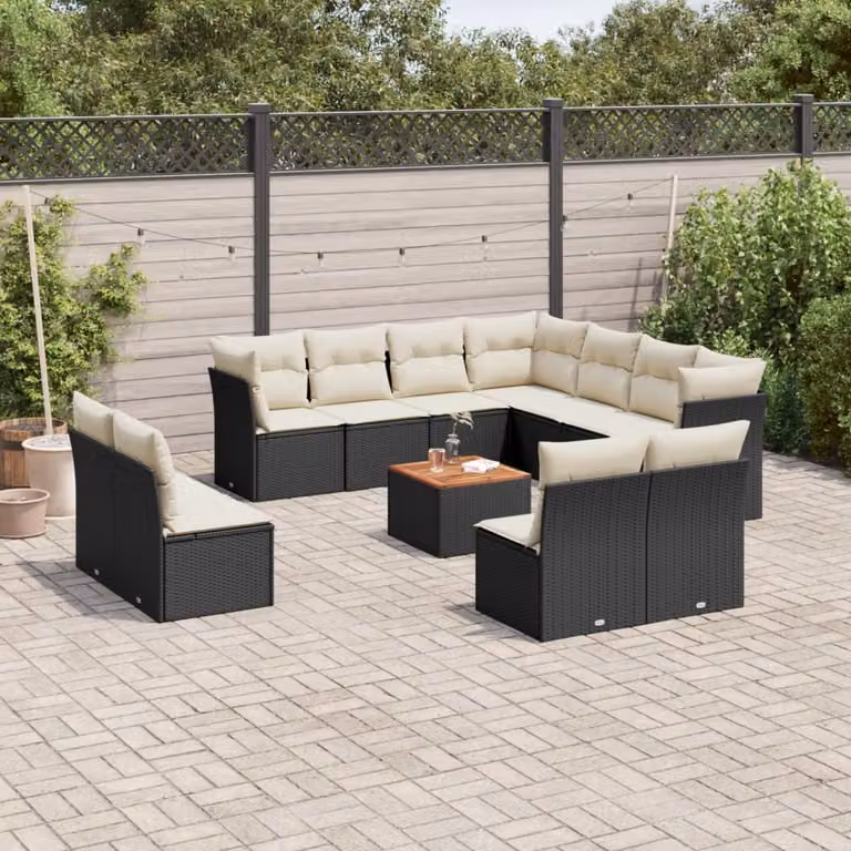 Set di divani da giardino vidaXL a forma di L composto da 12 pezzi con cuscini e tavolino da esterno in polyrattan nero