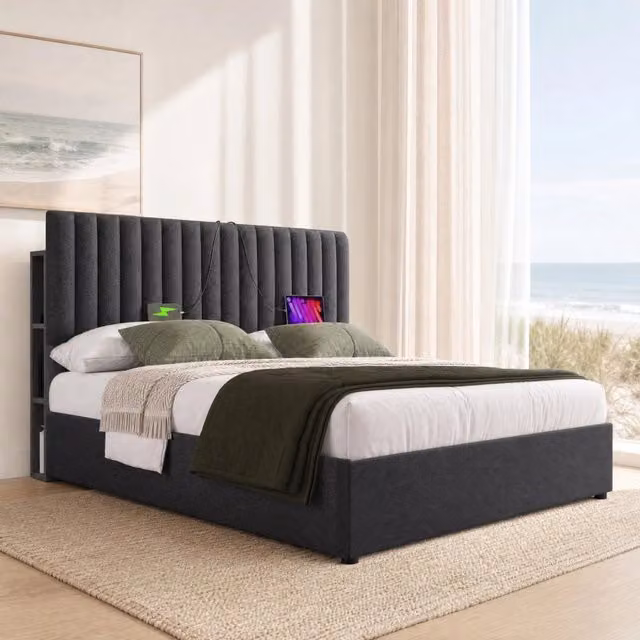 Letto matrimoniale 160x200 cm con LED App-Control; porte USB e Type-C; testiera contenitore; grigio