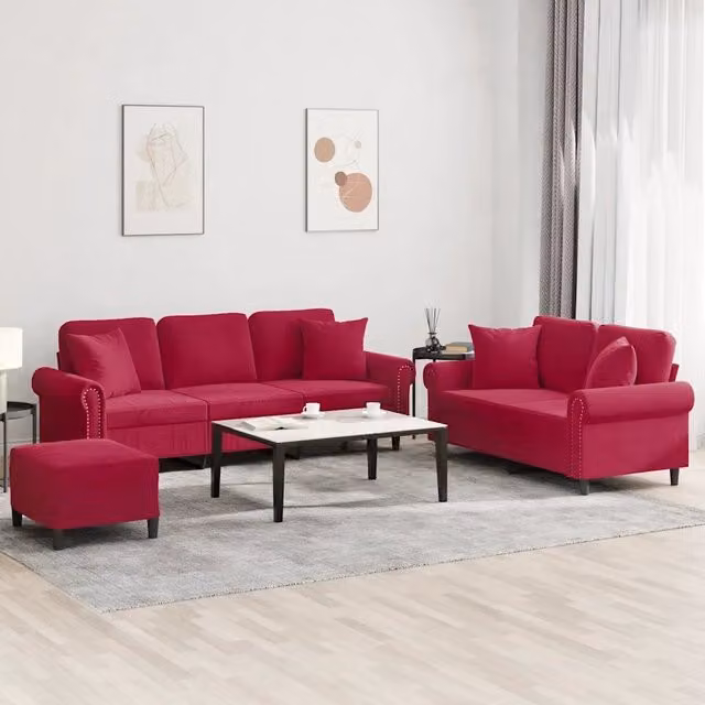 Set di divani 3 pezzi vidaXL in velluto rosso con pouf e cuscini per soggiorno moderno