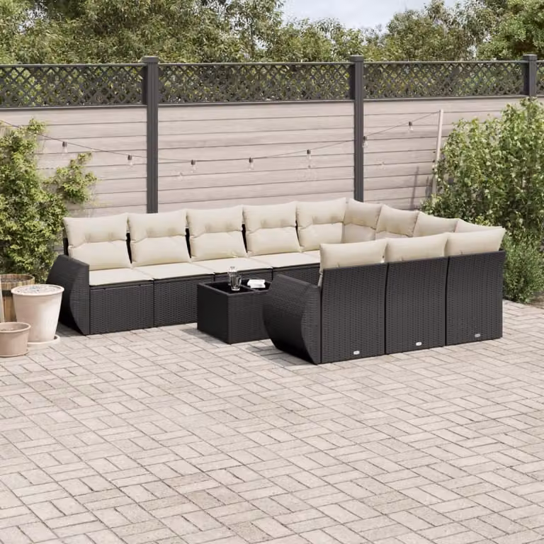 vidaXL Set Divani da Giardino 11 pz a Forma a U con Cuscini e Tavolino in Polyrattan Nero e Bianco