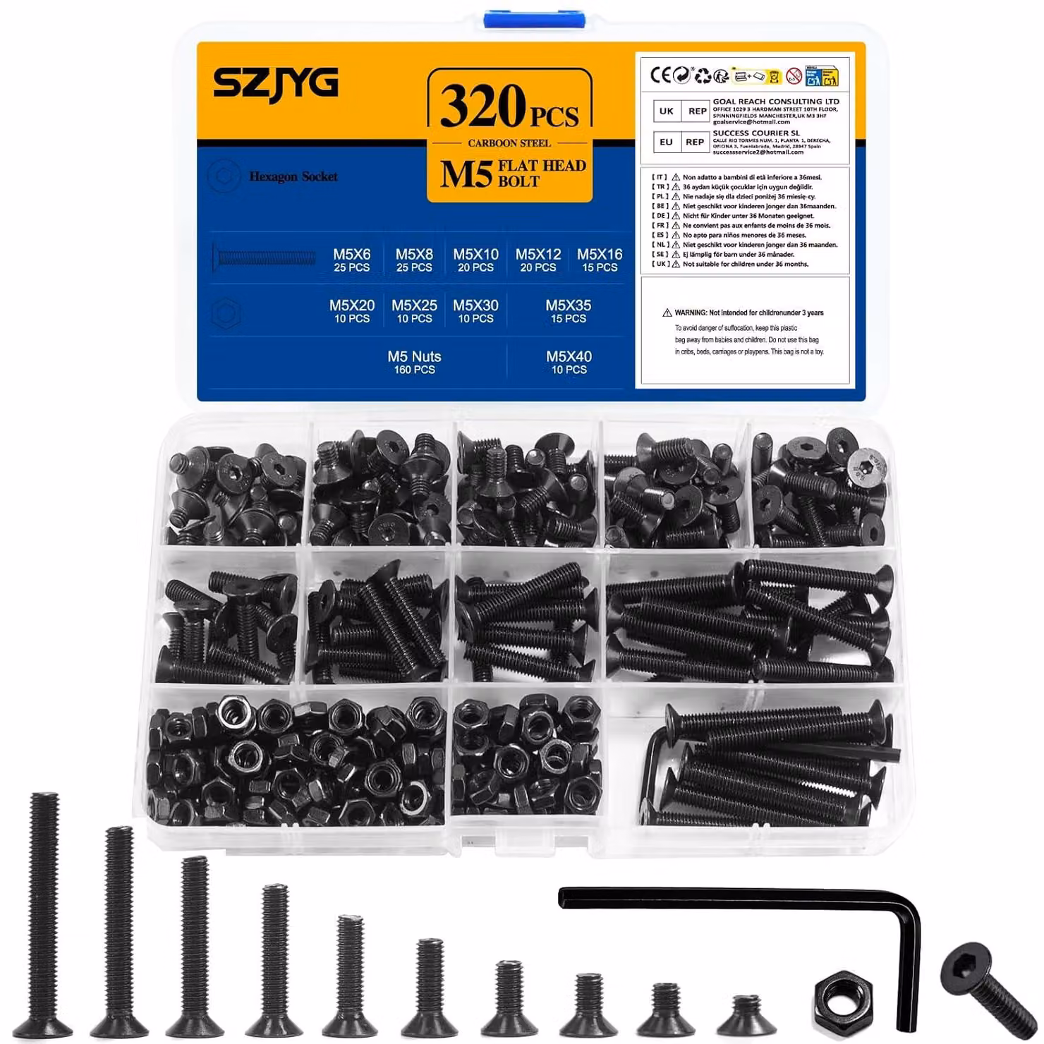 Set di viti M5, composto da 320 pezzi, con testa a trombetta zincata e esagono interno, per fissaggi