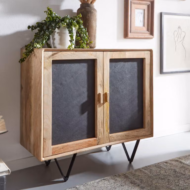 FineBuy credenza 80x75x35 cm in legno massiccio mango / stone look credenza con 2 ante piccola cassettiera in legno massiccio da pavimento