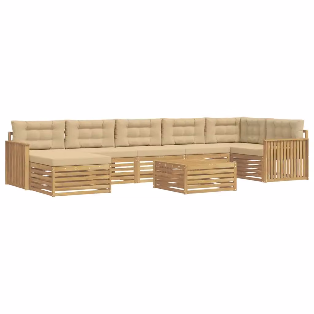 Set di divani da esterno a L vidaXL in legno di acacia con pouf e tavolino, Bianco e Beige – 2