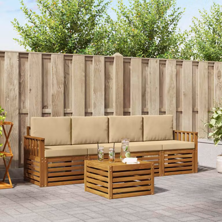 Set di divani da esterno vidaXL 5 pezzi in legno di acacia con cuscini, colore marrone e beige
