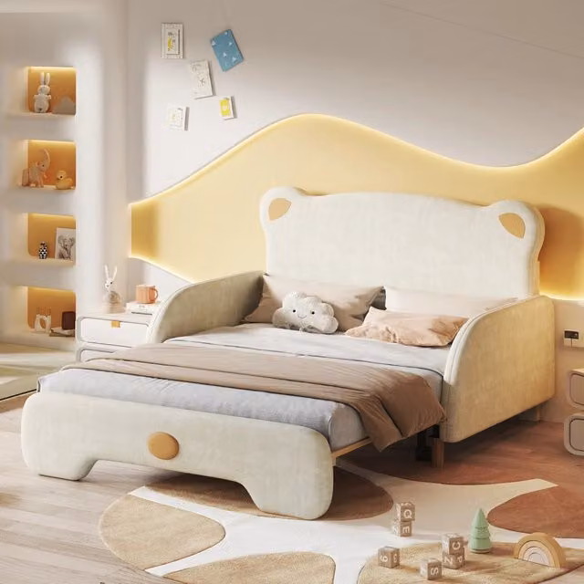 Letto matrimoniale REDOM in velluto beige con forma a orso L/P/H: 200 x 140 x 106,5 cm