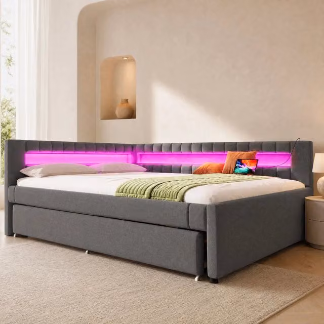 Letto da giorno 140x200 cm grigio con letto estraibile, LED e porte USB/Type-C HAVRYA