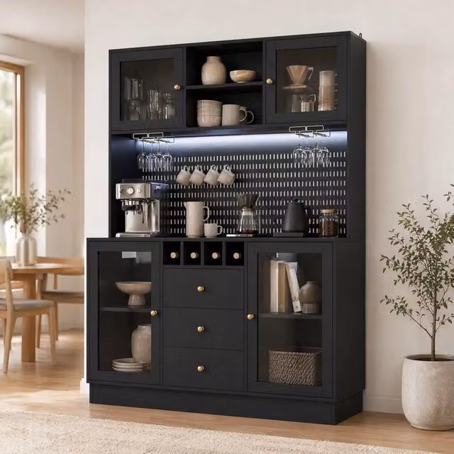 Mobile colonna da cucina Mivray con LED smart, portabottiglie e portabicchieri in MDF e vetro nero L/P/H: 40 x 40 x 185.7 cm – 1